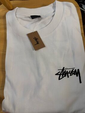 White Short Sleeve Crewneck T-Shirt with Black Script Logo